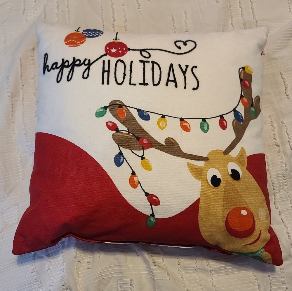 Happy Holidays Christmas Reindeer Throw Pillow
